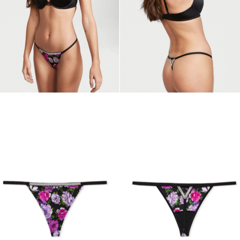 VS M Very Sexy Bombshell Shine V-String Panty Purple Black Floral Thong NWT - Picture 4 of 16